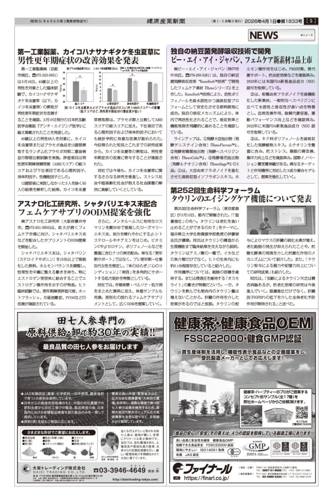 健康産業新聞2026年4月1日1833号ピー・エー・アイ・ジャパンフェムケア新素材３品上市